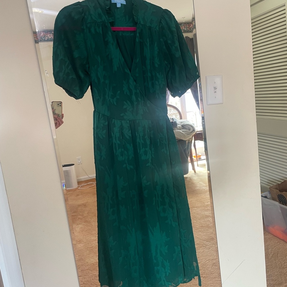 Draper James Emerald Green Midi Dress with Puff Sleeves